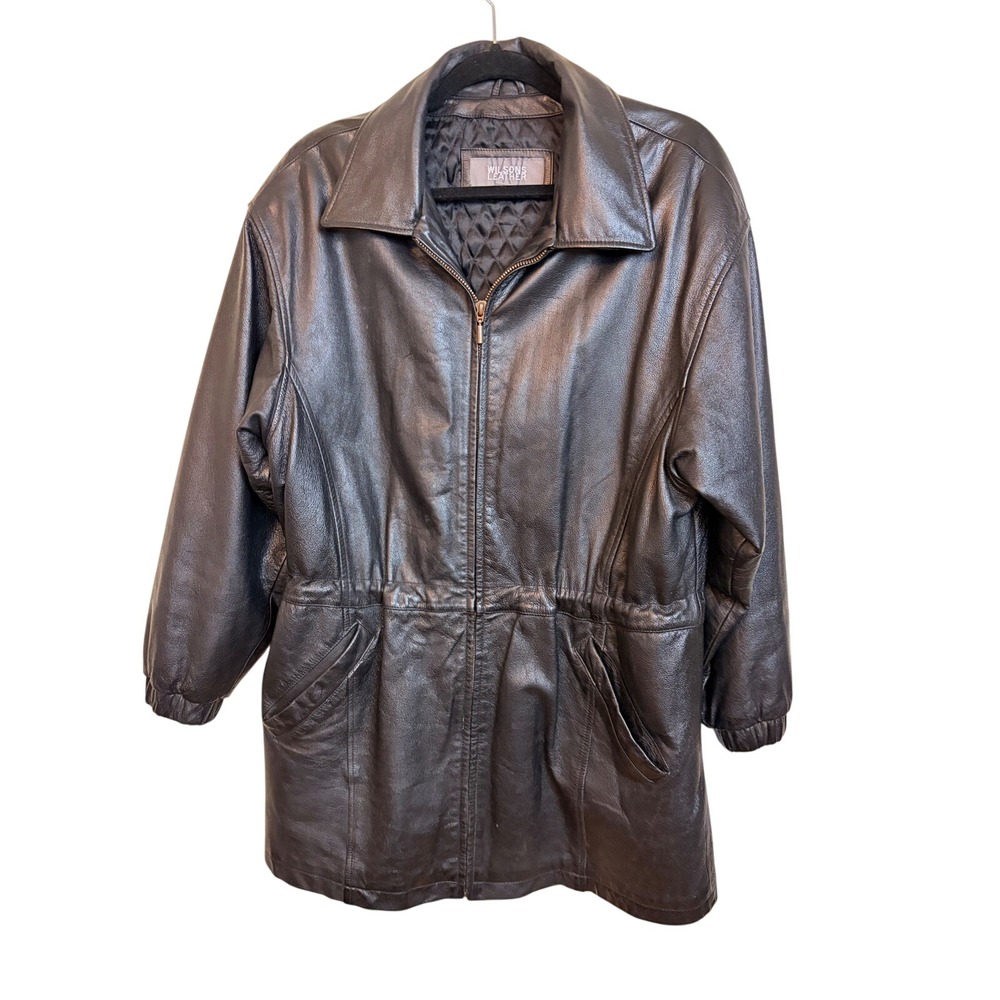 Wilsons Leather Black Mid Length Parka Jacket Quilted Lining Womens Medium